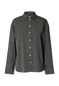 Donkergrijze overhem shirt met verticale strepen, voorzien van een klassieke kraag, lange mouwen en witte knopen aan de voorkant en op de manchetten.