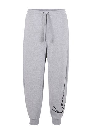 Lysegrå joggingbukser med elastisk linning og manchetter, snøre foran og sort kursivlogo på venstre underben.