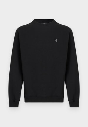 Schwarzes Sweatshirt mit langen Ärmeln und Rundhalsausschnitt, mit gerippten Bündchen und Saum, mit kleinem weißem Logo auf der linken Brust.