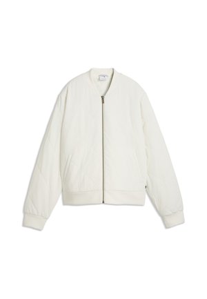 Chaqueta bomber blanca con cremallera frontal, puños acanalados y bolsillos laterales, mostrada sobre un fondo blanco liso.