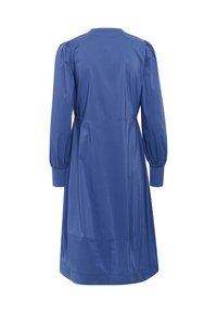 Langmouwjurk in effen blauw, met een ronde halslijn, geplooide schouders en aansluitende manchetten. Gemaakt van een soepele, lichte stof.