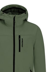 Grøn softshell-jakke med en lynlåslomme på brystet, sorte detaljer og hætte med snoretræk. Har en glat tekstur og tæt pasform.