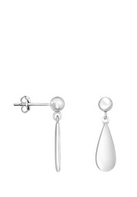 Orecchini a goccia in argento con un grande perno rotondo e una forma a goccia pendente con una finitura liscia e riflettente.