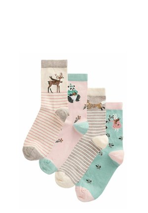 Set of four socks: beige with deer, pink with panda, gray striped, and light green floral, featuring various textures and colors.