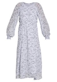 Hellgraues mittellanges Kleid mit schwarzem Spritzmuster, Puffärmeln und tailliertem Schnitt. Glattes Material und runder Ausschnitt.