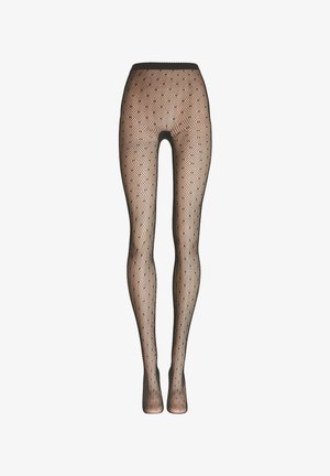 Schwarze Netzstrumpfhose mit Diamantmuster, weicher Textur und festem Bund. Entworfen, um die Beine eng anzuliegen.