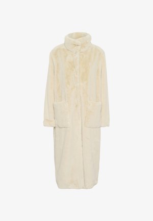 Krémový froté župan s vysokým golierom, dlhými rukávmi a dvoma prednými vreckami. Mäkká textúra a dĺžka po kolená.