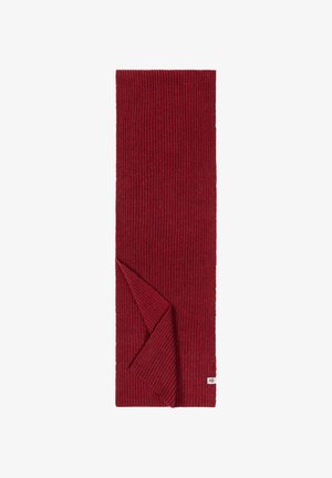 Red knitted scarf with ribbed texture, featuring a folded end. Small label on one corner, machine-knit design.