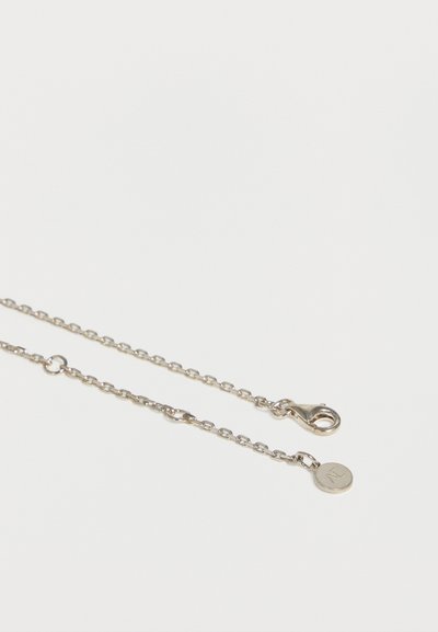 Ασημένιο κολιέ αλυσίδα με μικρό στρογγυλό ετικέτα με λογότυπο και κούμπωμα αστακού σε απλό λευκό φόντο.