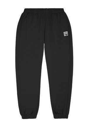 Zwarte sweatpants met een elastische tailleband, joggingstijl boorden, zijzakken en een klein wit logo op de linkerdij. Zachte stoftextuur.