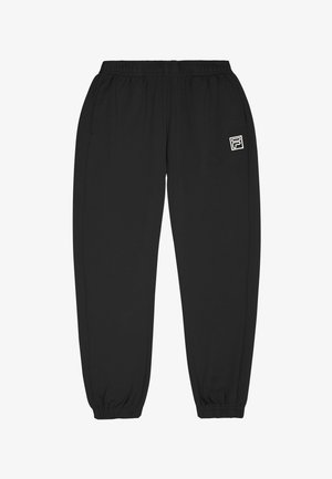 Zwarte sweatpants met een elastische tailleband, joggingstijl boorden, zijzakken en een klein wit logo op de linkerdij. Zachte stoftextuur.