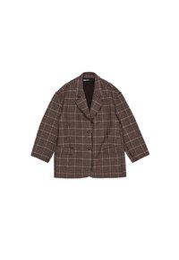 Blazer a cuadros marrón con cuello de muesca, dos bolsillos frontales y un corte holgado. Tejido texturizado con un sutil patrón de cuadrícula.