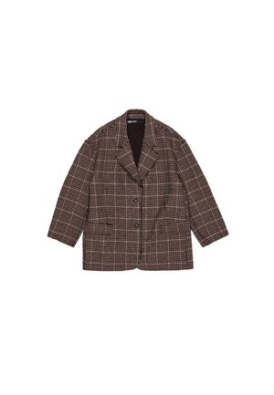Blazer a cuadros marrón con cuello de muesca, dos bolsillos frontales y un corte holgado. Tejido texturizado con un sutil patrón de cuadrícula.