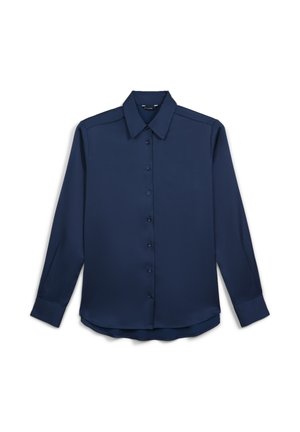 Camicia a maniche lunghe blu navy realizzata in tessuto morbido, con colletto classico, chiusura a bottoni e orlo dritto.