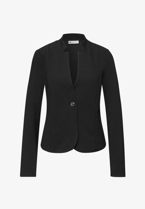 Blazer negro de manga larga con tela texturizada, un botón frontal y escote sin cuello con un pequeño detalle en forma de muesca.