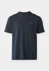 Navy blue short-sleeve T-shirt made of soft cotton. Features black shoulder accents and a small EA7 logo on the left chest. Round neckline.