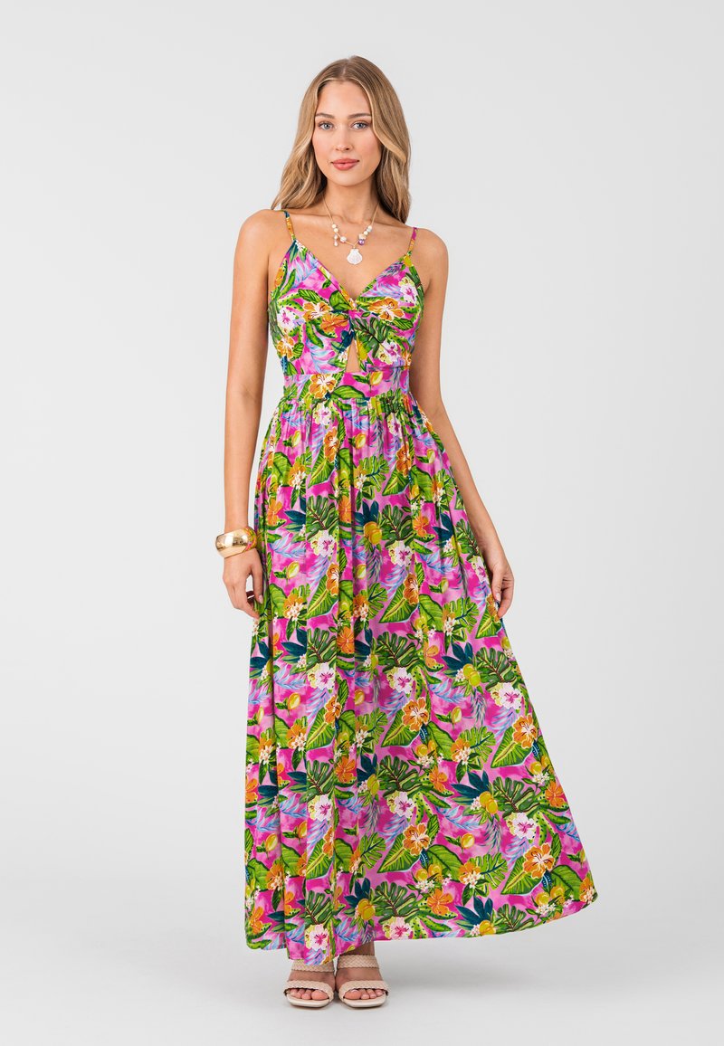 Maxi šaty s květinovým vzorem v živých barvách, s přiléhavým živůtkem, detailním propletením v oblasti výstřihu a nastavitelnými ramínky.