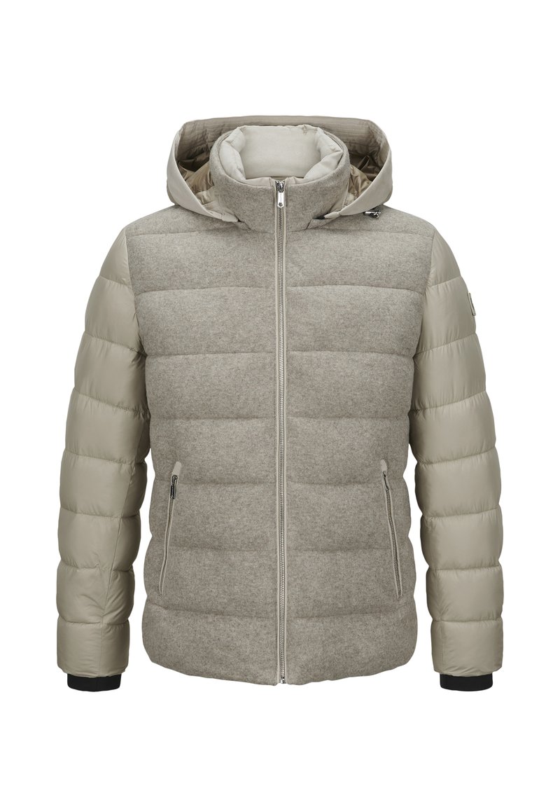 Gepolsterte Jacke mit grauem Woll-Obermaterial und hellgrauen Nylonärmeln, ausgestattet mit einer Kapuze, einem Reißverschluss an der Vorderseite und seitlichen Taschen.