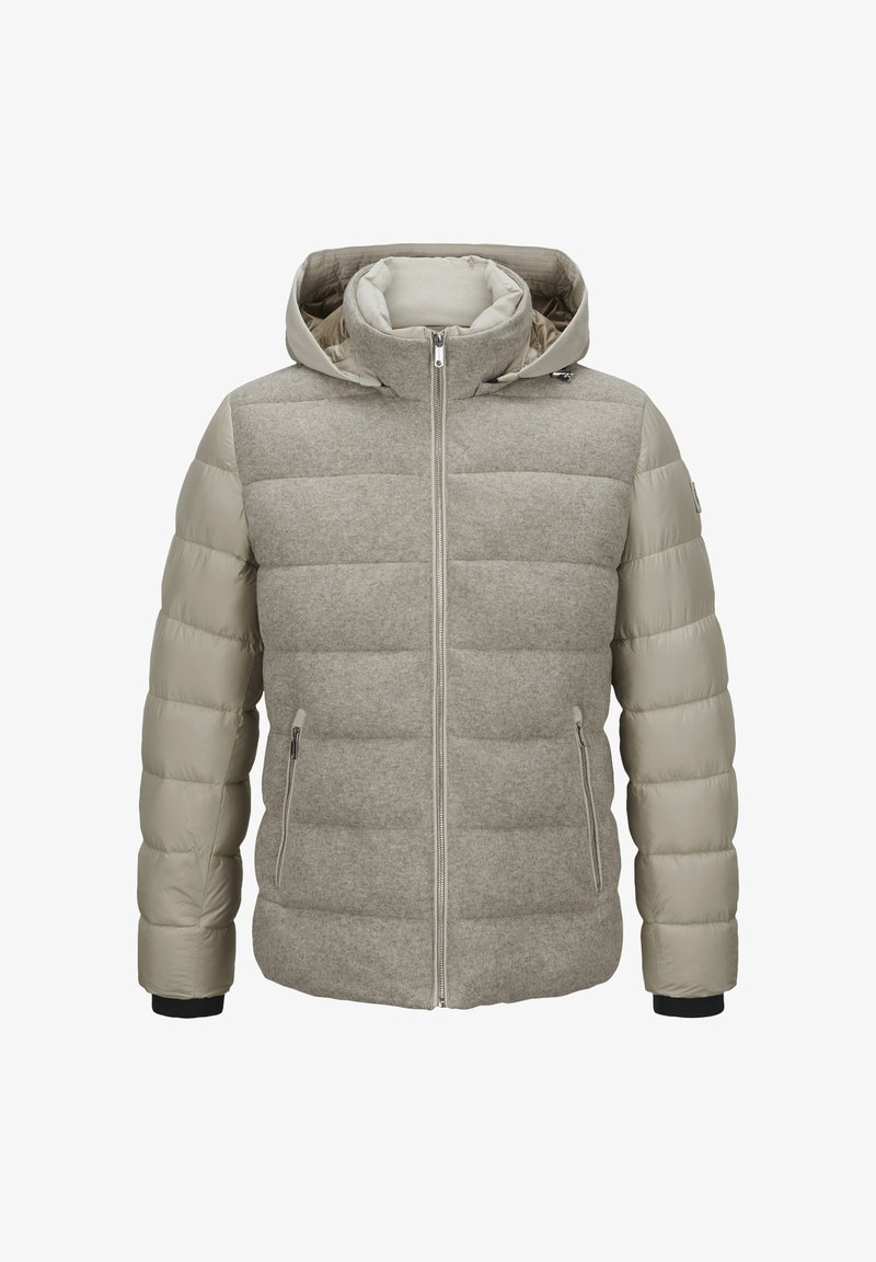 Gepolsterte Jacke mit grauem Woll-Obermaterial und hellgrauen Nylonärmeln, ausgestattet mit einer Kapuze, einem Reißverschluss an der Vorderseite und seitlichen Taschen.