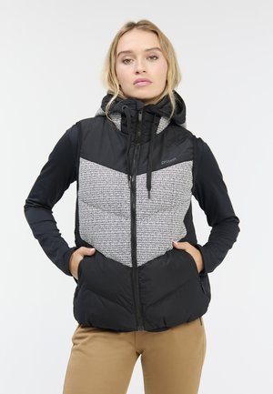 Zwart en grijs puffer vest met capuchon, voorzien van een gestructureerd voorpaneel, ritszakken en contrasterende zwarte zijkanten.