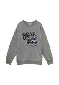 Szara bluza z napisem "GEAR UP", niebieską i białą grafiką off-roadowego pojazdu oraz sloganem "IT'S GO TIME" z przodu.