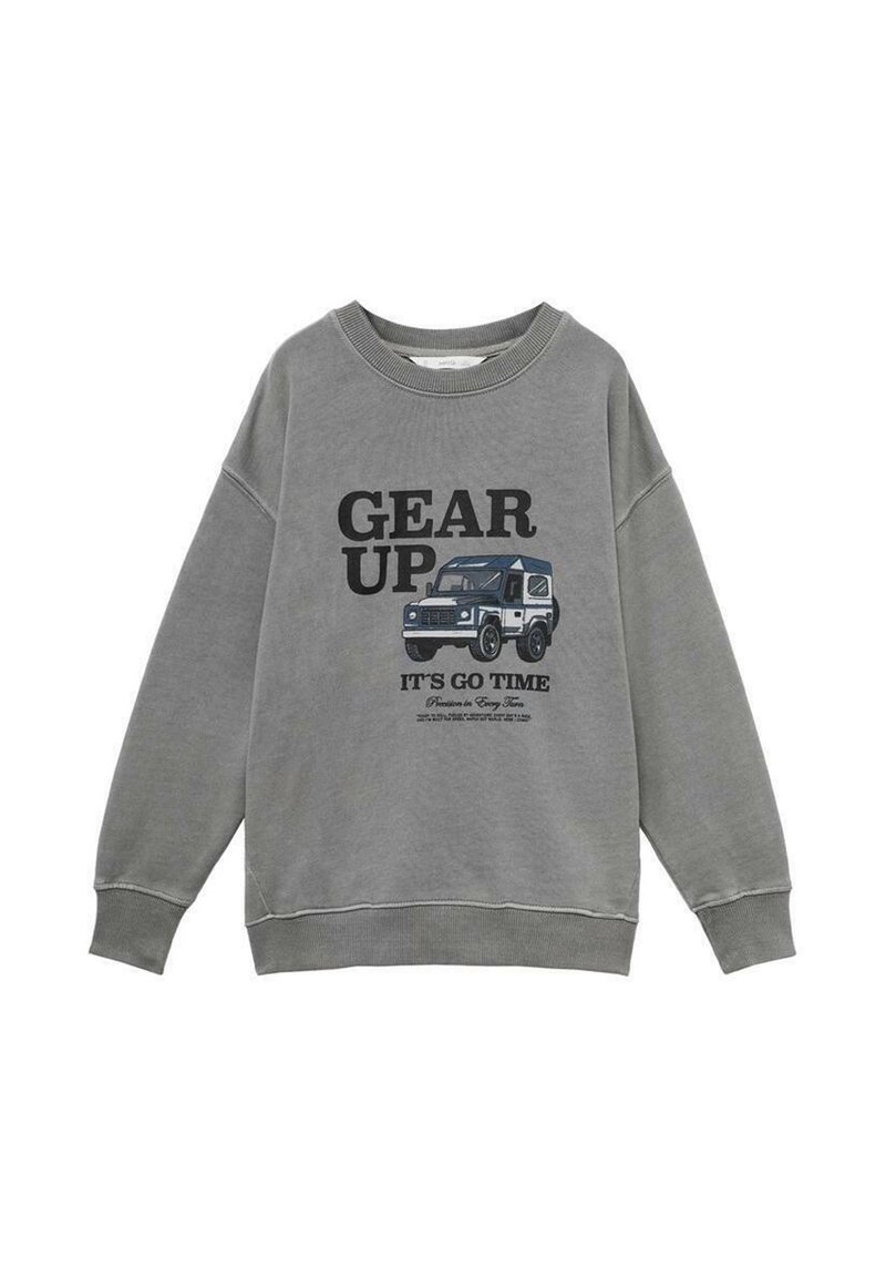 Szara bluza z napisem "GEAR UP", niebieską i białą grafiką off-roadowego pojazdu oraz sloganem "IT'S GO TIME" z przodu.