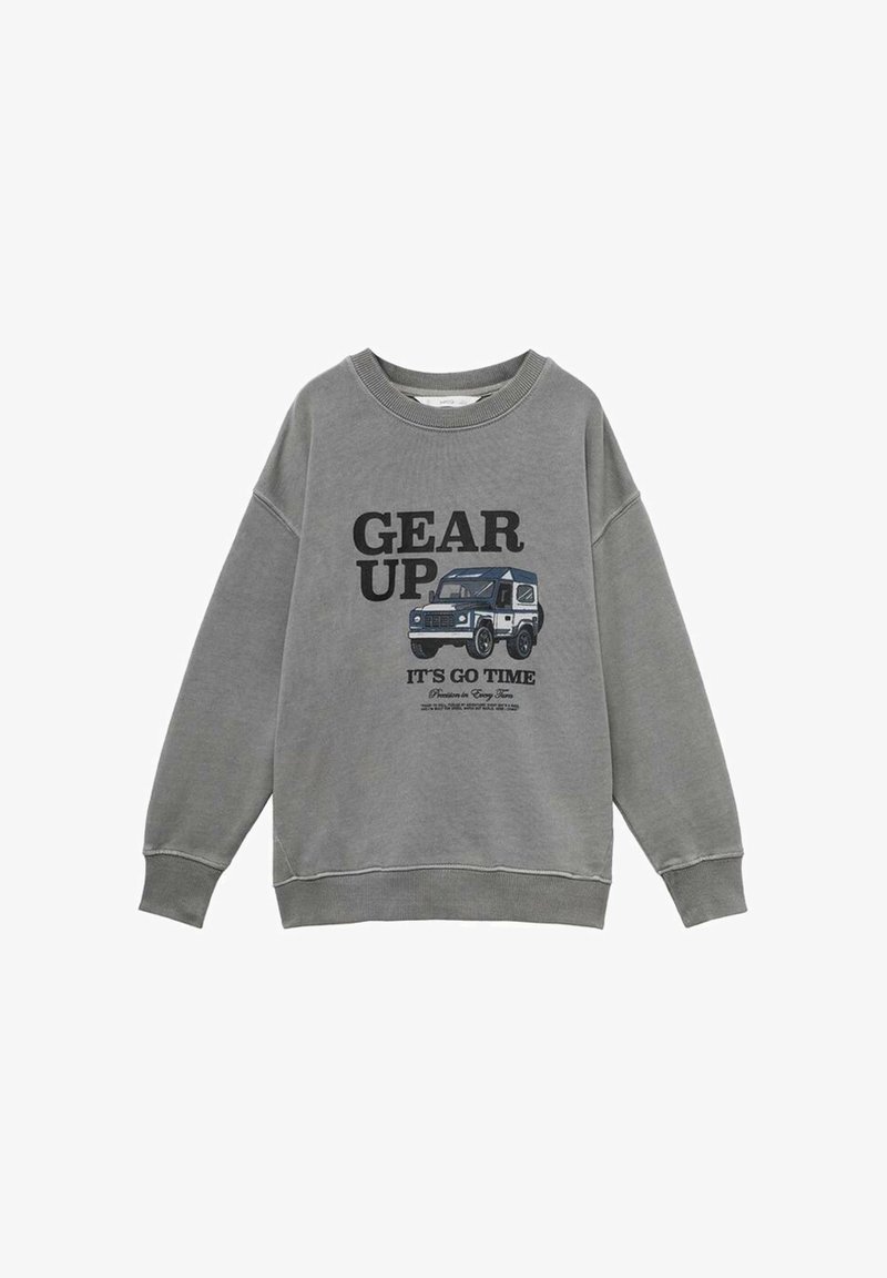 Šedá mikina s textom "GEAR UP", grafickým zobrazením modrého a bieleho terénneho vozidla a sloganom "IT'S GO TIME" na prednej strane.