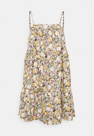Sukienka bez rękawów do kolan z regulowanymi cienkimi ramiączkami, z żółto-biało-zielonym wzorem kwiatowym na jasnobrązowym tle.