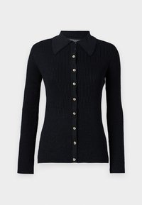 Svart ribbad cardigan med lång ärm, krage och guldfärgad knapprad fram. Tillverkad av texturerat stickat material.