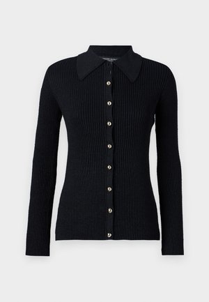 Schwarze gerippte Strickjacke mit langen Ärmeln, einem Kragen und goldenen Knöpfen auf der Vorderseite. Hergestellt aus strukturiertem Strickstoff.