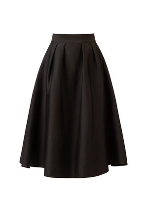 Black pleated skirt with a high waistband, made from a smooth fabric, flaring out below the waist, featuring a midi length.