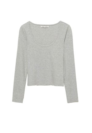 Maglietta grigia a maniche lunghe con scollatura rotonda, design cropped, tessuto morbido e cuciture in contrasto sui bordi. Nessun motivo o accessorio visibile.