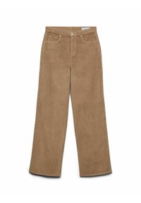 Bruine corduroy wijde broek met een gestructureerd oppervlak, twee voortassen, een knoopsluiting en een label op de tailleband.