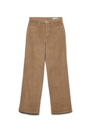 Brune kordfløjspants med vide ben, tekstureret overflade, to frontlommer, knaplukning og et mærke på linningen.