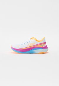 White running shoe with lightweight mesh upper, orange accents, and a blue-purple sole. Features a "Max Cushion" label and prominent logo.
