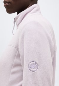 Άτομο που φοράει ανοιχτό μωβ φλις μπουφάν με ψηλό γιακά και λογότυπο μαμούθ κεντημένο στο πάνω μέρος του βραχίονα.