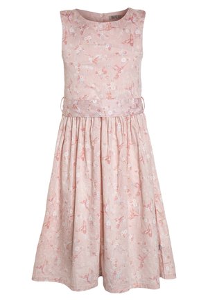 Rosa blumiges ärmelloses Kleid mit einem gerafften Rock, das einen strukturierten Stoff und einen dünnen Taillenbund für die Detailgestaltung aufweist.