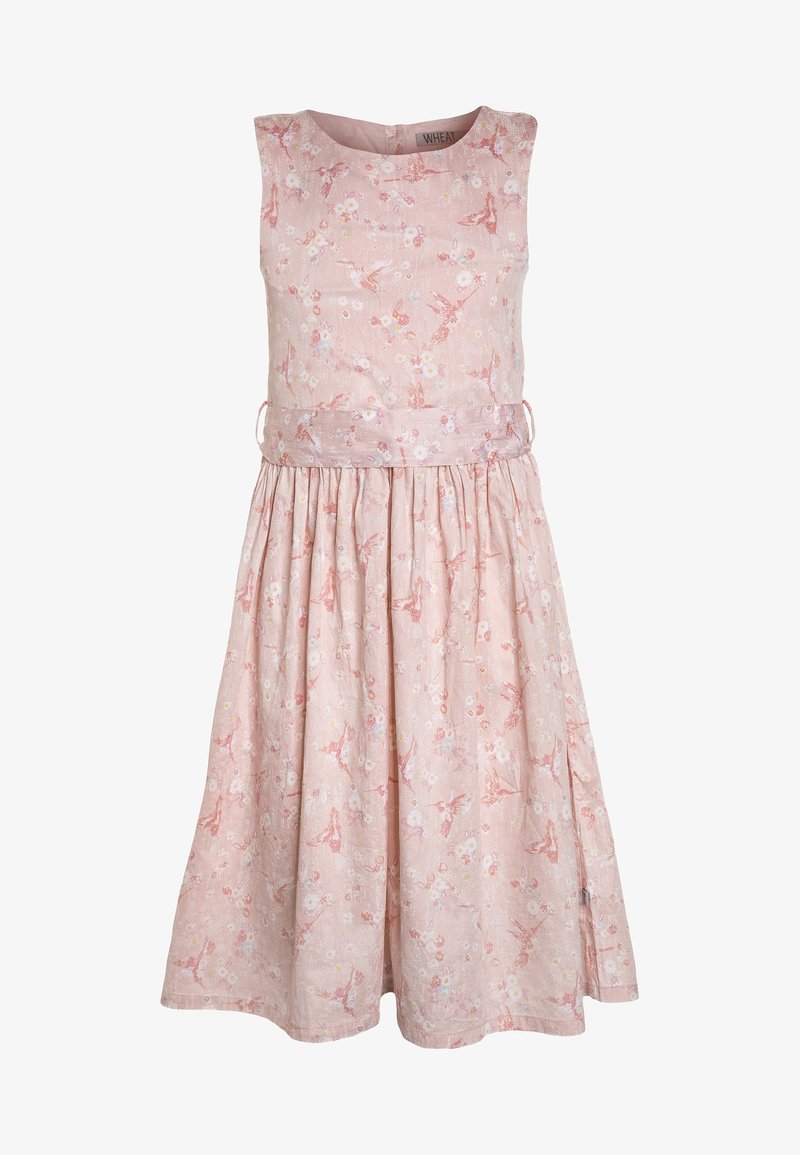 Robe sans manches à fleurs roses avec une jupe froncée, présentant un tissu texturé et une fine ceinture pour le détail.