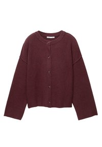 Cardigan lavorato a maglia bordeaux con scollatura tonda, cinque bottoni e maniche ampie. Polsini e orlo a costine per un tocco di texture in più.