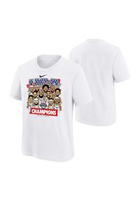 Witte katoenen T-shirt met zeefdrukafbeelding van basketbalspelers, rode en blauwe tekst met de woorden "USA Champions", ronde halslijn, korte mouwen.