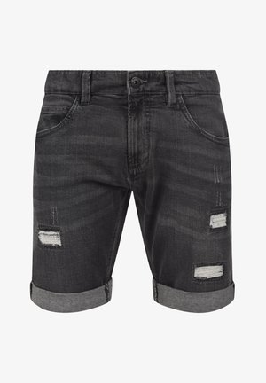 Shorts en denim noir avec des ourlets roulés, présentant des taches décolorées et des bords effilochés. Quatre poches avec une fermeture à bouton à la taille.