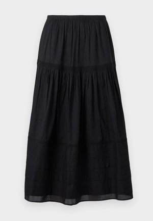 Μαύρη φούστα μήκους μέχρι τον αστράγαλο με ελαστική μέση, στρογγυλεμένα επίπεδα και διακριτικές ραμμένες λεπτομέρειες σε ελαφρύ ύφασμα.