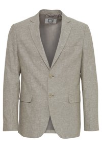 Ljus beige blazer i texturerad tyg, med klassisk krage, två knappar och två framfickor. Det inre fodret är synligt.