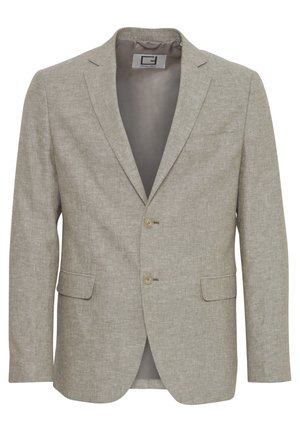 Light beige blazer made from textured fabric, featuring a notched collar, two buttons, and two front pockets. Inner lining is visible.