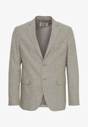 Light beige blazer made from textured fabric, featuring a notched collar, two buttons, and two front pockets. Inner lining is visible.