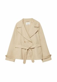 Veste beige à double boutonnage avec un large col, une ceinture à la taille et des poignets boutonnés. Tissu lisse avec une coupe structurée.