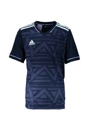 Dunkelblaues Adidas-Sporttrikot mit geometrischen Mustern, weißem Adidas-Logo auf der Brust und weißen Streifen an Schultern und Ärmelsäumen.