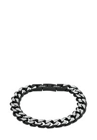 Pulsera de cadena negra y plateada con eslabones entrelazados y una textura suave, que cuenta con un cierre marcado con el nombre de la marca "s.Oliver."
