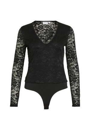 Body nero con maniche lunghe in pizzo che presentano motivi floreali. Design a scollo a V. Tessuto nero inferiore liscio con chiusura a scatto.