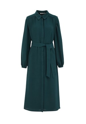 Teal long-sleeve dress with a collared neck, buttoned front, and a matching belt at the waist. Made of lightweight fabric with a smooth texture.